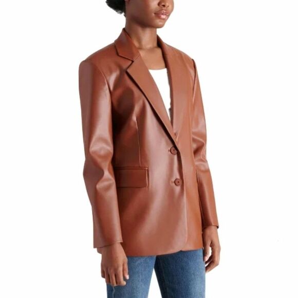 STEVE MADDEN Faux Leather Blazer in Cognac Oversized Fit Heavyweight Women's L - Picture 4 of 6